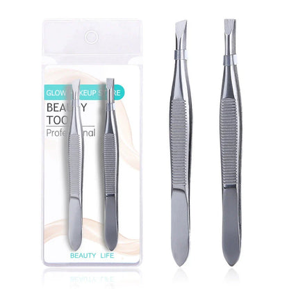 Set of two premium stainless steel hair removal tweezers in a stylish case for effortless grooming