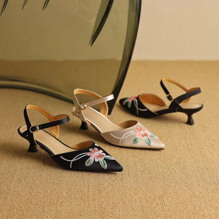 Elegant Embroidered Pointed Toe Sandals with Spike Heels in Black