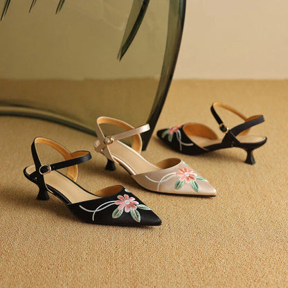 Elegant Embroidered Pointed Toe Sandals with Spike Heels in Black
