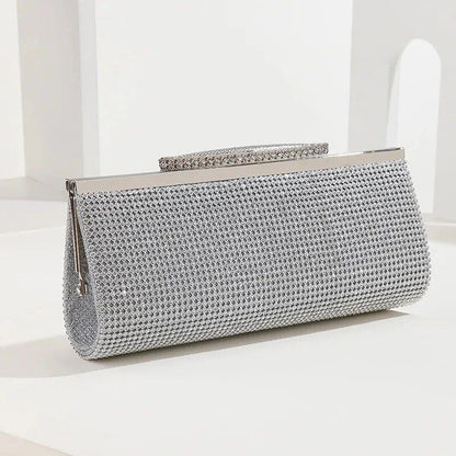 Glamorous gold rhinestone evening clutch with elegant chain and diamond decorations, perfect for UK special occasions