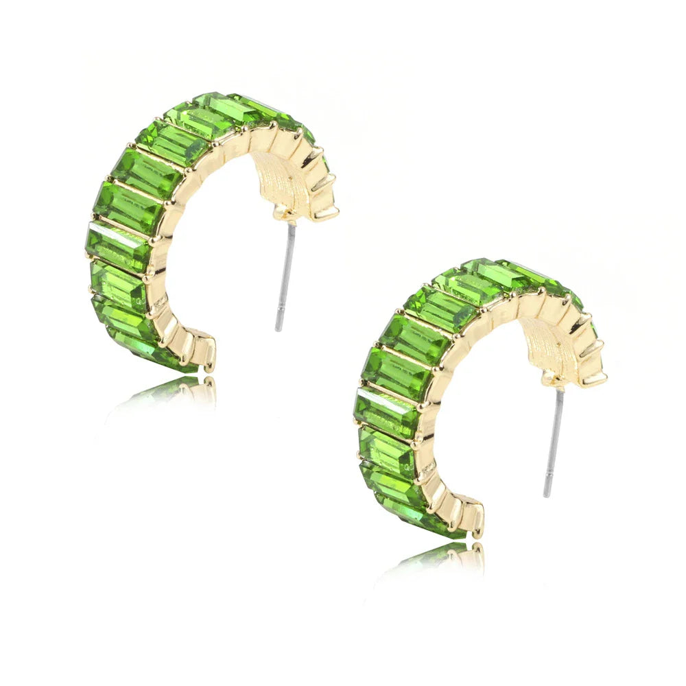 Multicolour glass diamond C-shaped earrings with alloy-inlaid artificial gems and semi-precious stones