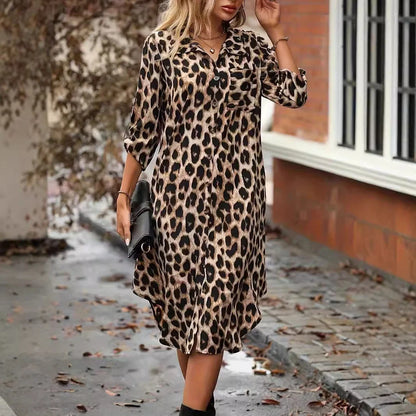 Elegant leopard print beach cover-up robe with V-neck and side pockets, perfect for summer vacations and beach parties.