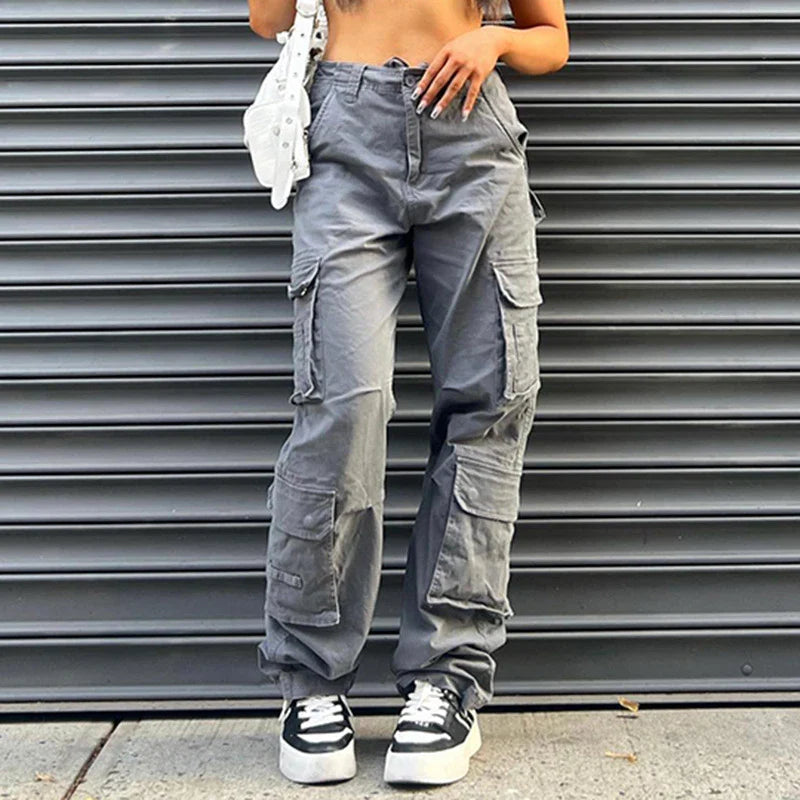 Premium quality grey straight loose jeans with multi-pockets for women, made from comfortable cotton denim fabric