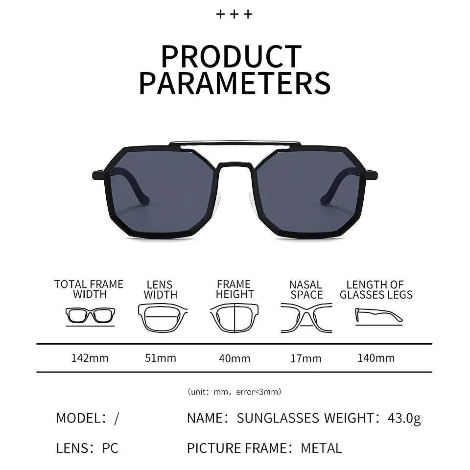Stylish polygonal double bridge sunglasses with metal frames and mirror-coated lenses for men and women