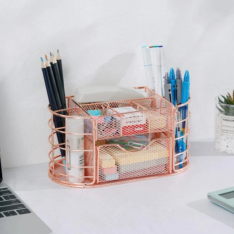 Premium metal mesh desktop organiser with multiple compartments and a sleek, modern design
