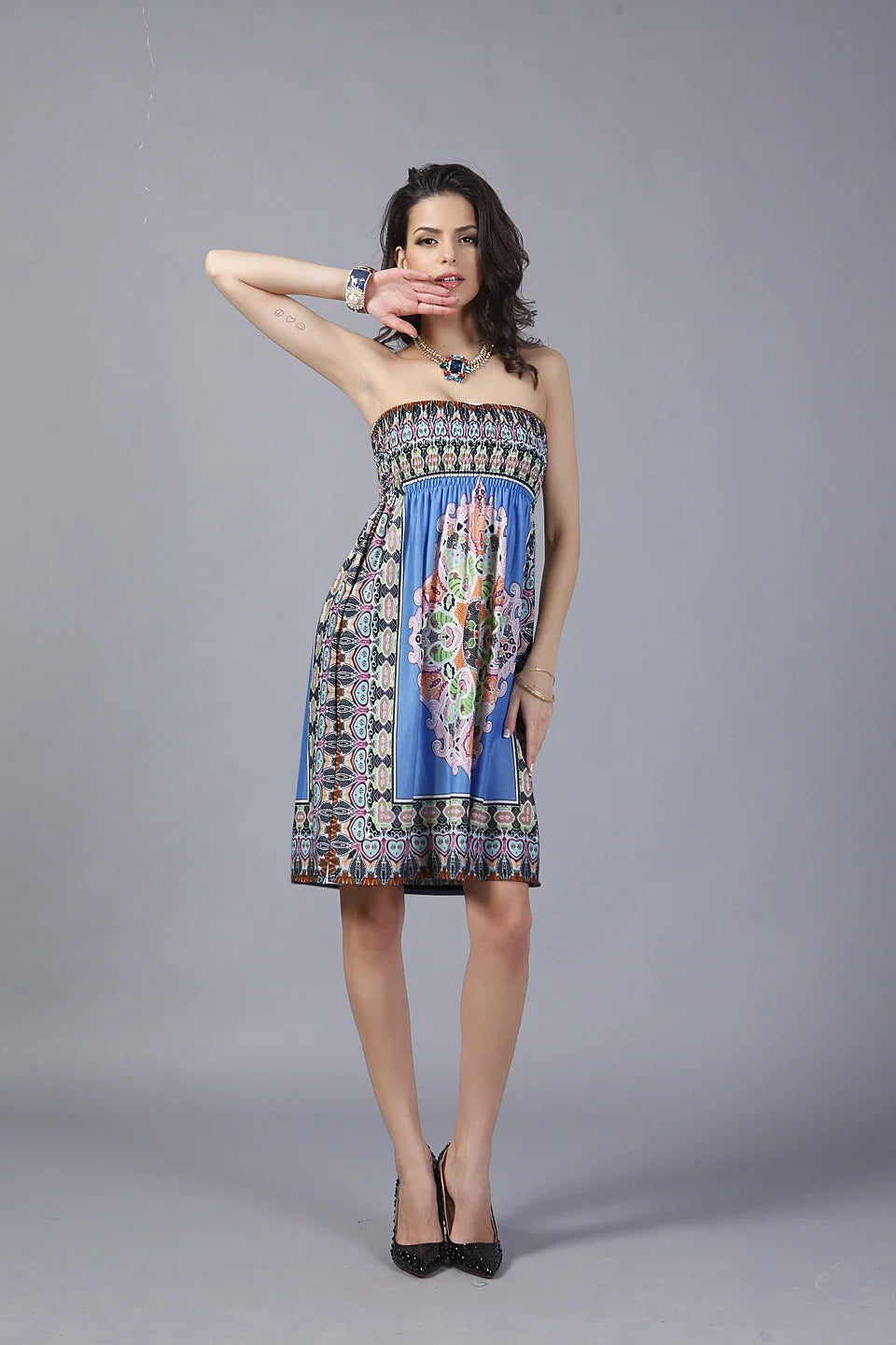 Elegant blue milk silk ice silk midi dress with a high-waisted, large swing design for a flattering, feminine silhouette