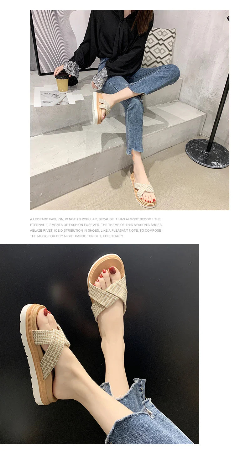 Premium non-slip herringbone slippers with a bow accent, featuring a canvas upper, fetal cowhide lining, and a rubber sole for comfort and stability.