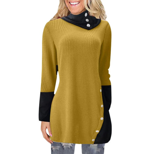 Elegant long-sleeve dress with A-line silhouette and stack collar, crafted from premium polyester for a flattering, comfortable fit
