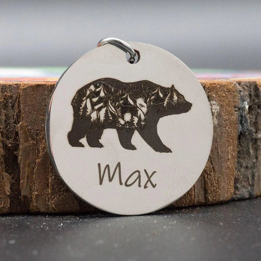 Premium engraved pet ID tags made of durable stainless steel, available in two sizes to suit any dog breed