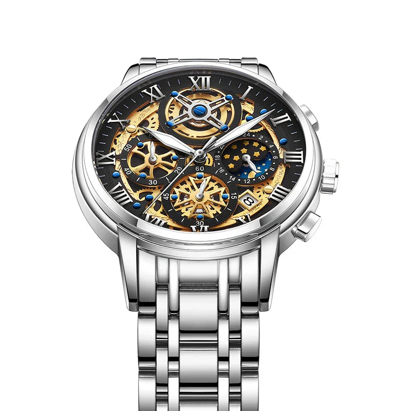 Elegant quartz watch with moonphase display, calendar function, and luminous hands for enhanced visibility