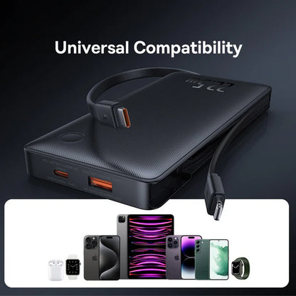 Powerful 22.5W fast charging power bank with 10,000mAh capacity and built-in USB-C and Lightning cables