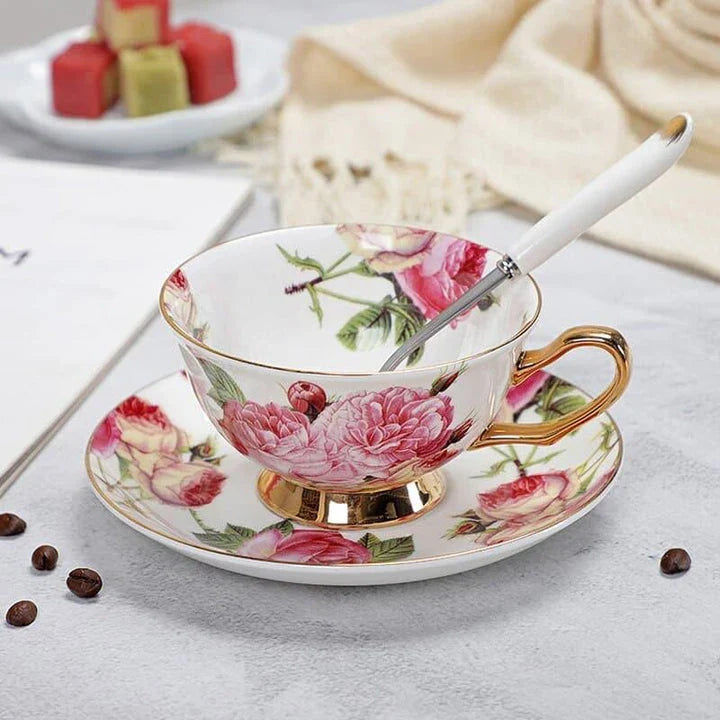 Charming floral porcelain tea set with cup, saucer, and spoon in a variety of delicate colour options