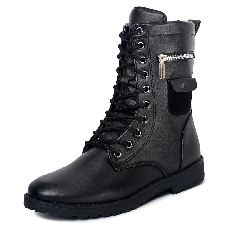 Premium mid-calf fleece-lined Martin boots for men, featuring a sleek square heel design and classic car stitch pattern in a durable black colour
