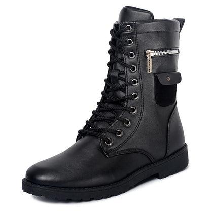 Premium mid-calf fleece-lined Martin boots for men, featuring a sleek square heel design and classic car stitch pattern in a durable black colour