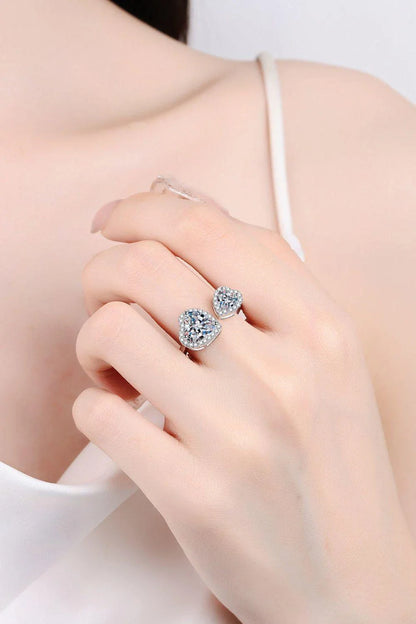 Elegant heart-shaped moissanite open ring in platinum-plated 925 sterling silver with adjustable sizing