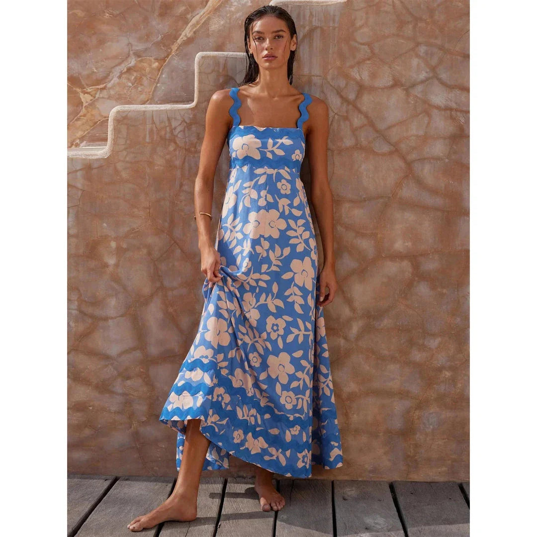 Luxurious dot print ankle-length dress with flounced edge, perfect for sophisticated style and all-day comfort.