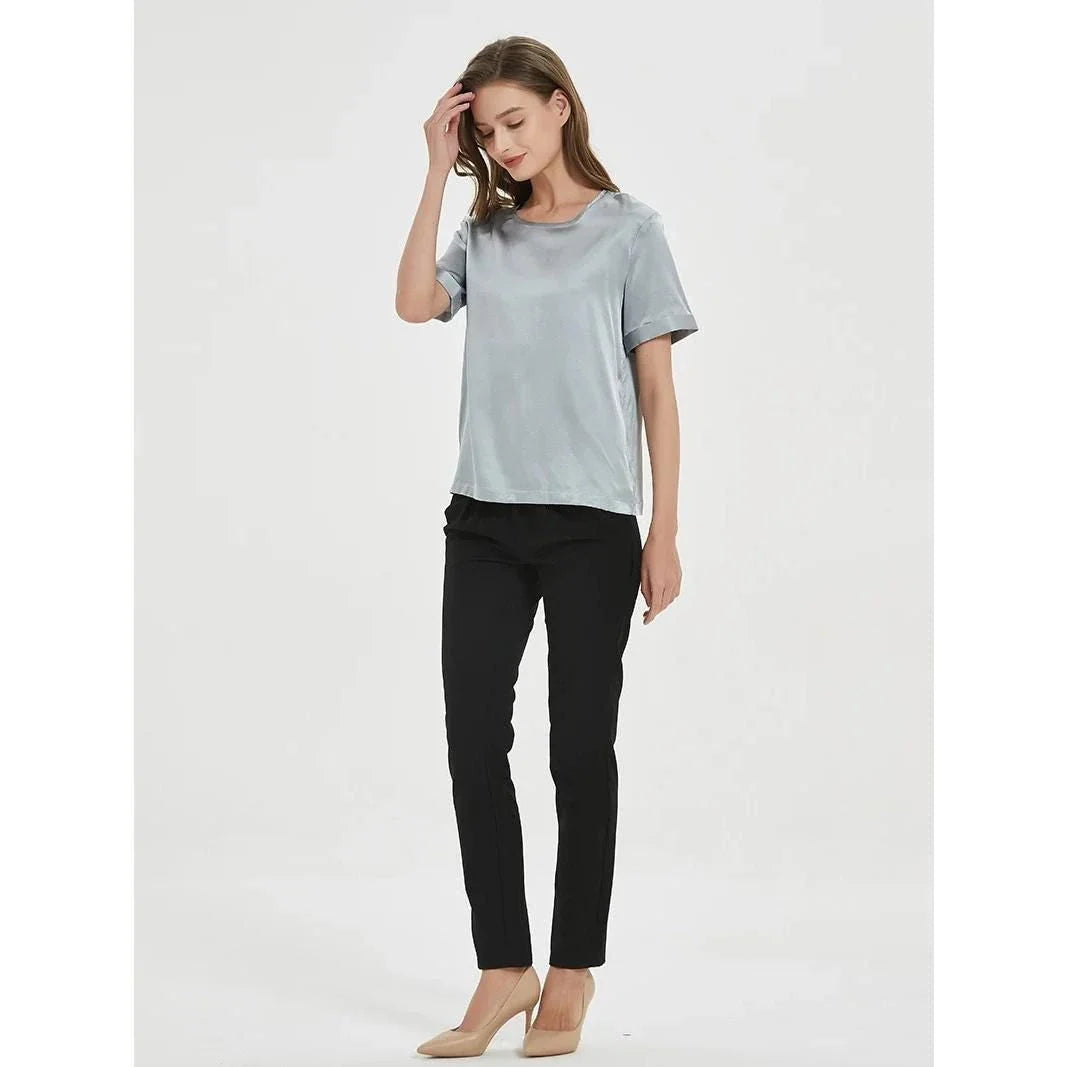Elegant navy silk t-shirt with a classic, versatile design for the modern British woman's summer wardrobe