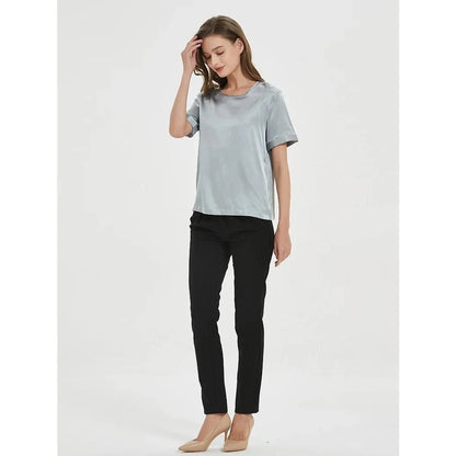 Elegant navy silk t-shirt with a classic, versatile design for the modern British woman's summer wardrobe