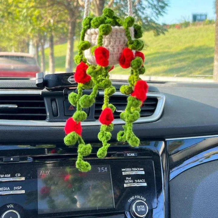 Charming knitted car plant decor with hanging white rope and green and white colour scheme
