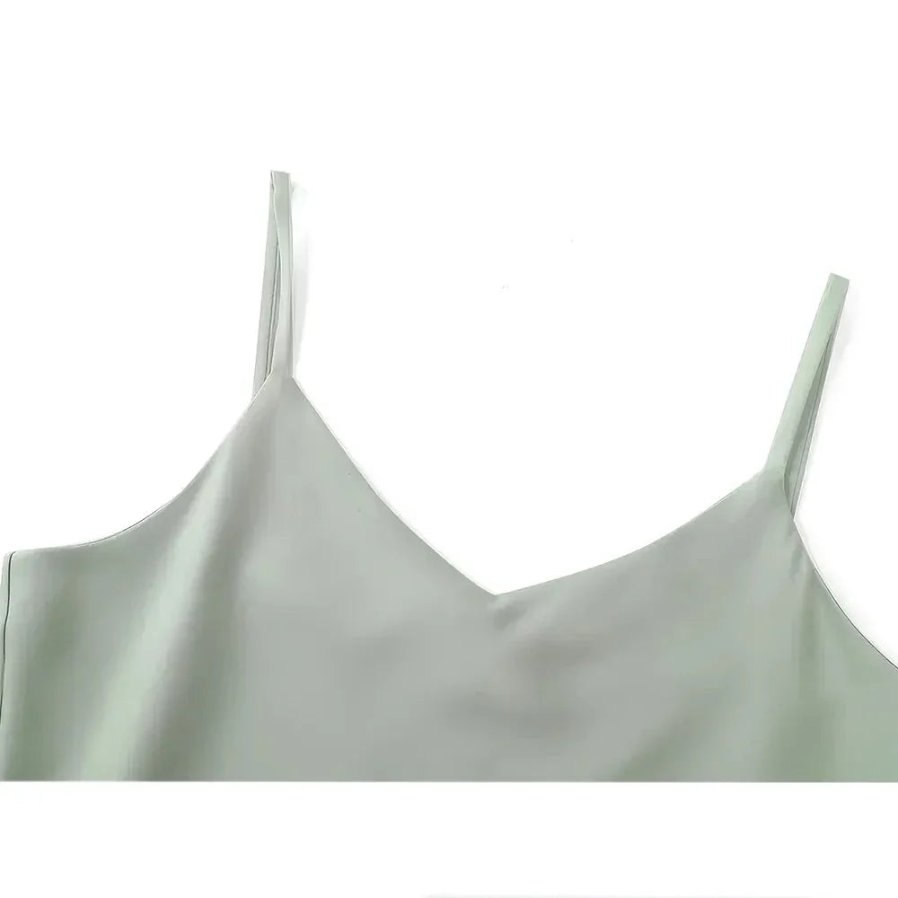 Premium high-stretch ribbed wrap top and flowing matte satin maxi dress set in black, tan, and green colours