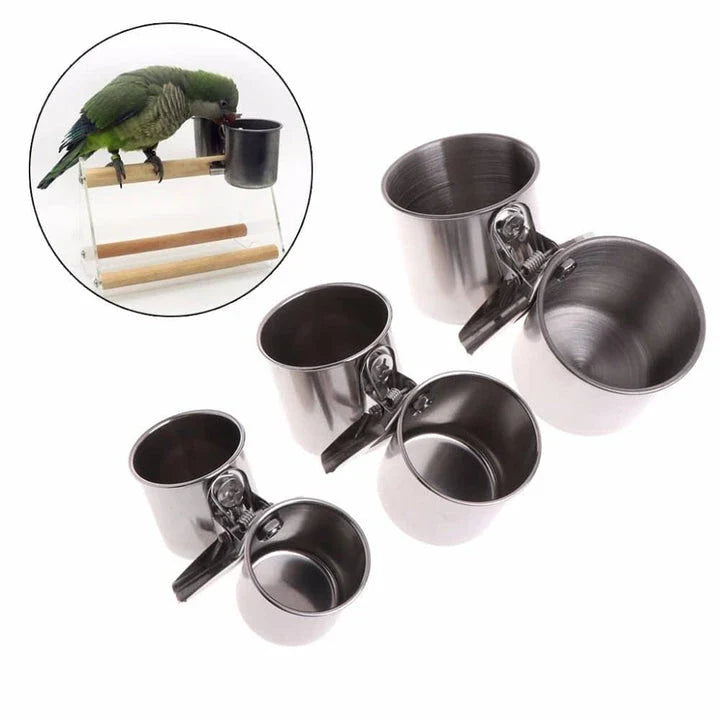 Elegant stainless steel bird feeder with dual cups and secure clip for easy installation in garden or outdoor space