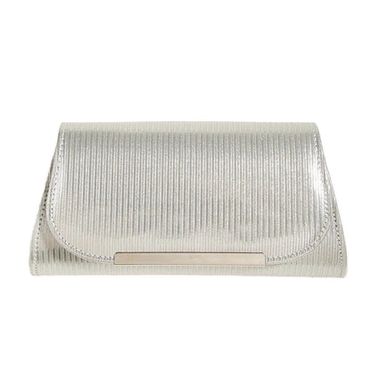 Elegant shiny striped PU leather evening clutch bag with long chain, perfect for formal events and everyday use