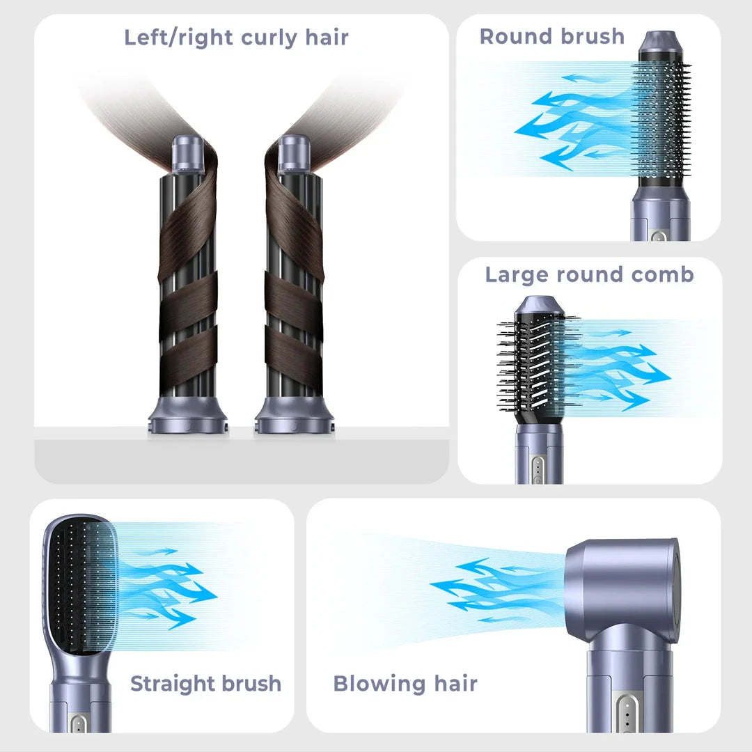 A 6-in-1 multifunctional hair dryer brush with multiple attachments for styling, drying, and volumising hair