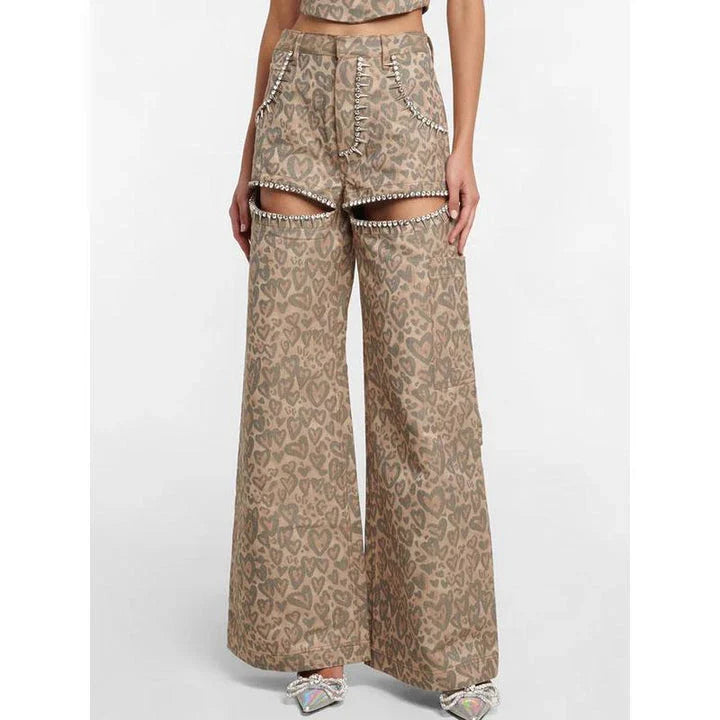 Stylish leopard print wide-leg jeans with patchwork design, perfect for fashion-forward women in the UK