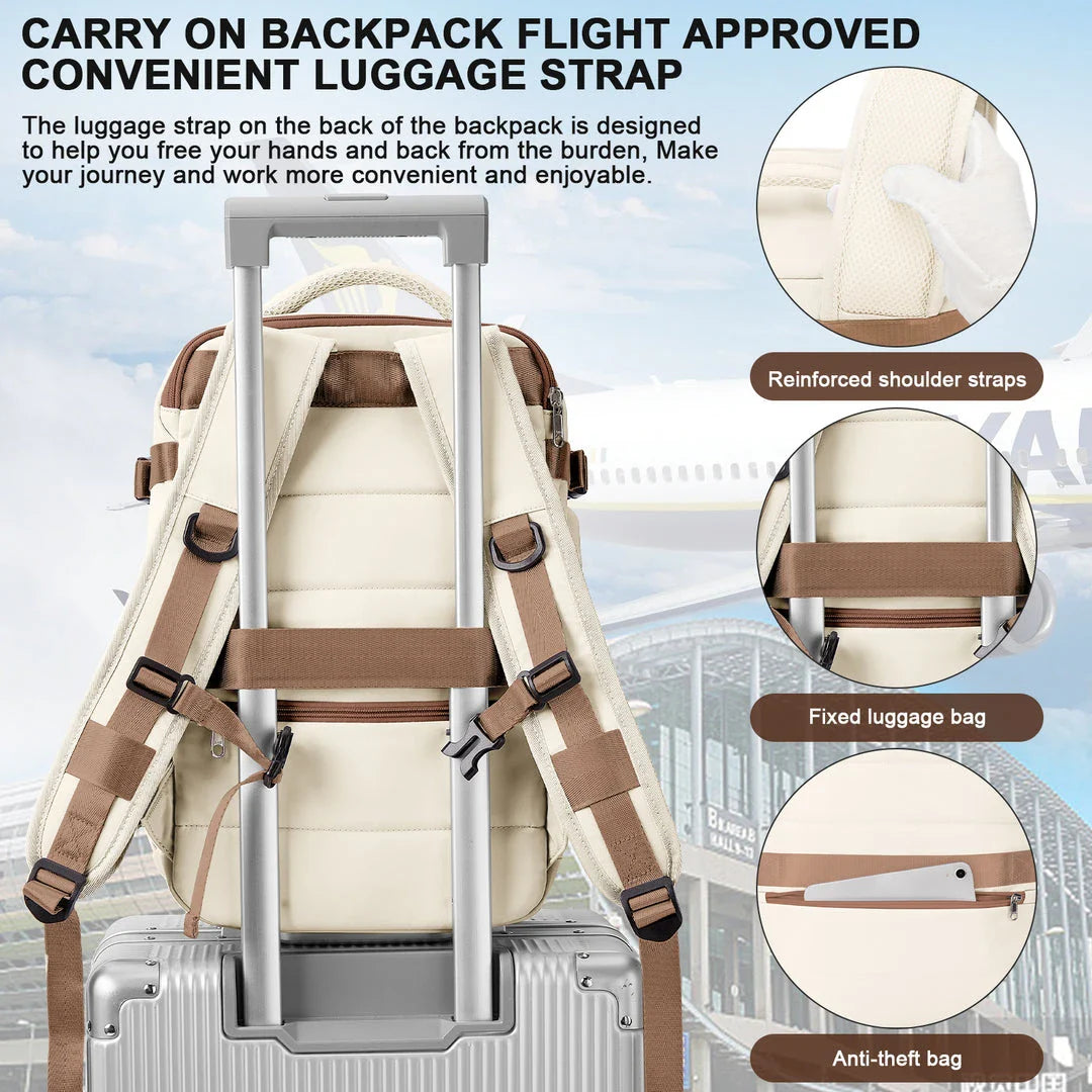 A durable and spacious travel backpack with multiple compartments and padded shoulder straps, suitable for British adventurers and commuters.