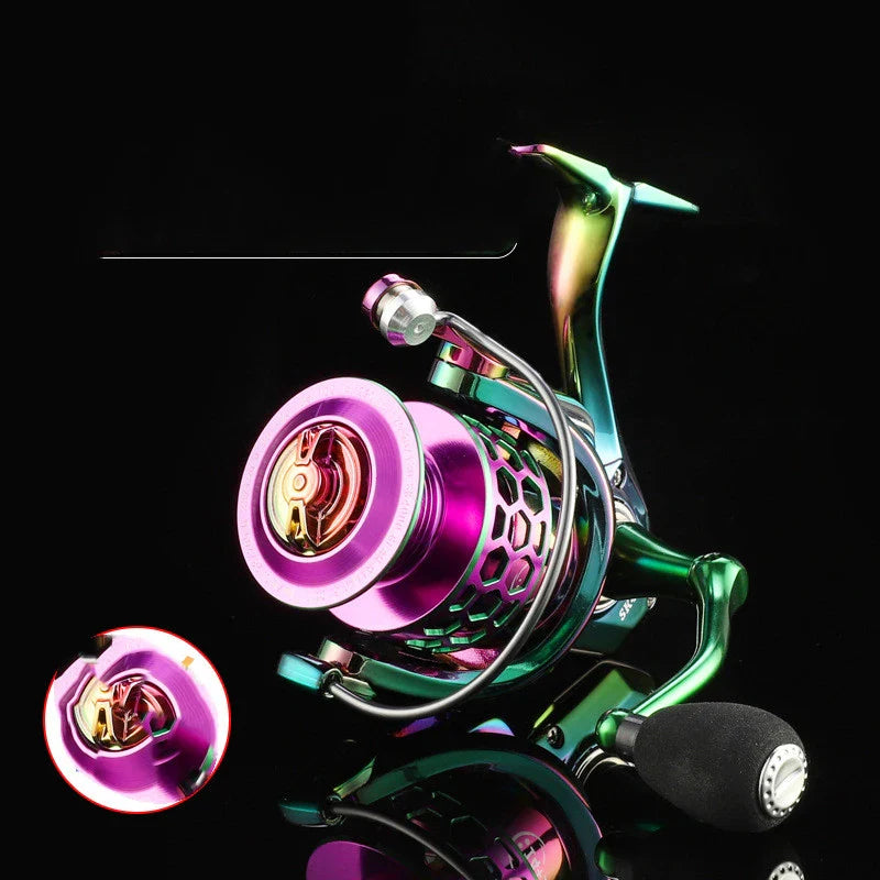 Multicoloured spinning reel with honeycomb design for fishing, featuring durable construction and smooth performance