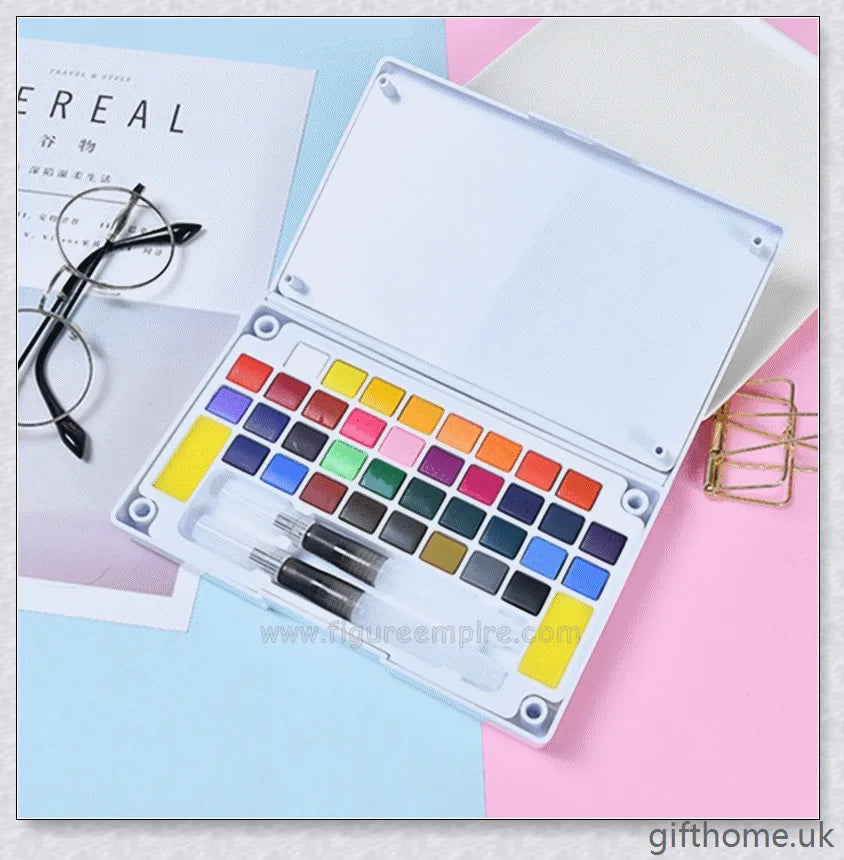 A set of vibrant watercolour paints with a glittering, iridescent effect, including brushes, a palette, and paper for a complete painting experience.