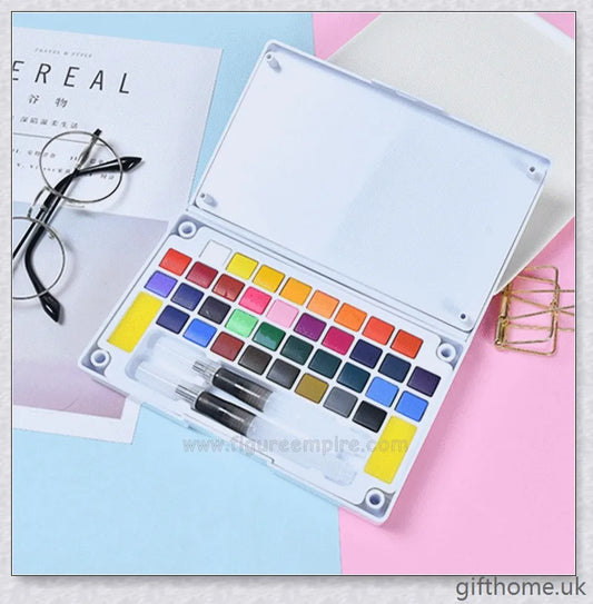 A set of vibrant watercolour paints with a glittering, iridescent effect, including brushes, a palette, and paper for a complete painting experience.