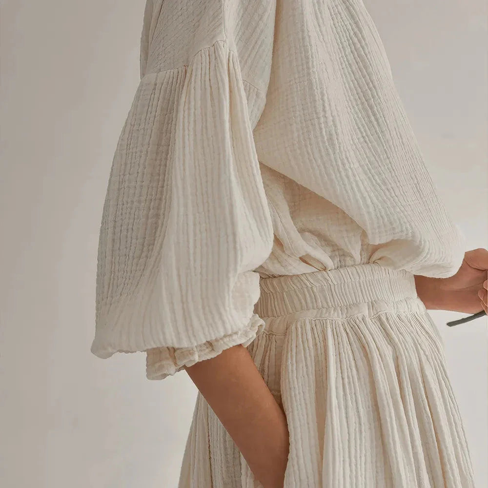 Elegant lantern sleeve shirt and chic skirt two piece set in 100% cotton gauze fabric