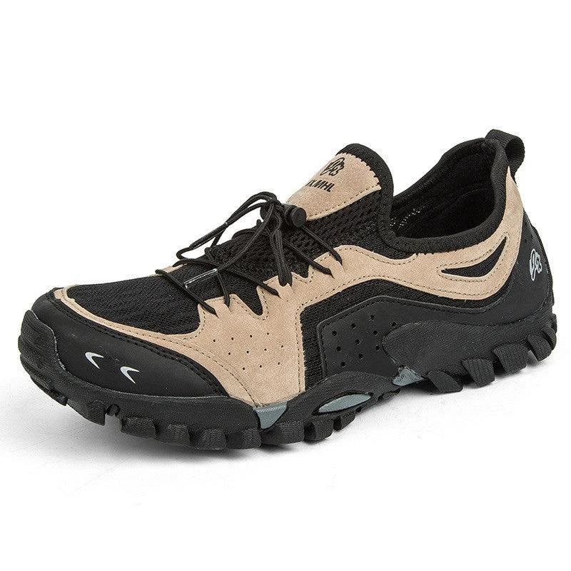 Couple wearing durable British-made mesh hiking shoes exploring the outdoors
