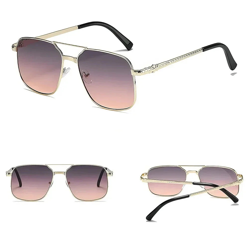 Trendy metal square frame sunglasses with vibrant yellow lenses and red gradient for a bold, modern look