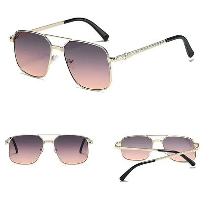 Trendy metal square frame sunglasses with vibrant yellow lenses and red gradient for a bold, modern look