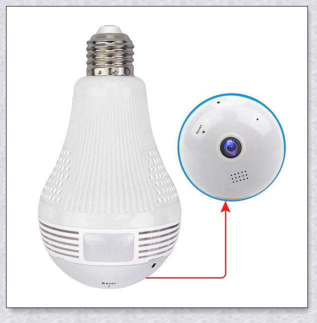 Discreet 1080p 360-degree panoramic WiFi security camera hidden in a light bulb design for comprehensive home surveillance