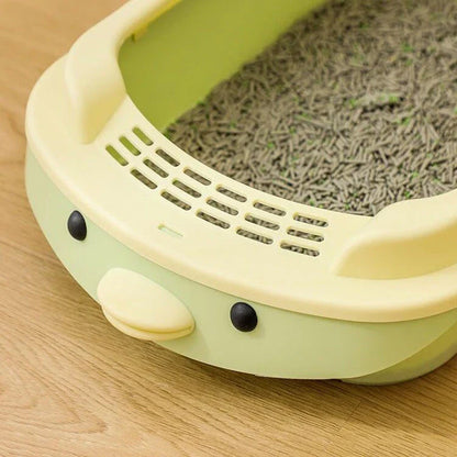 Oversized semi-enclosed cat litter box in Haze Blue colour, featuring high sides and covered top for enhanced privacy and litter containment