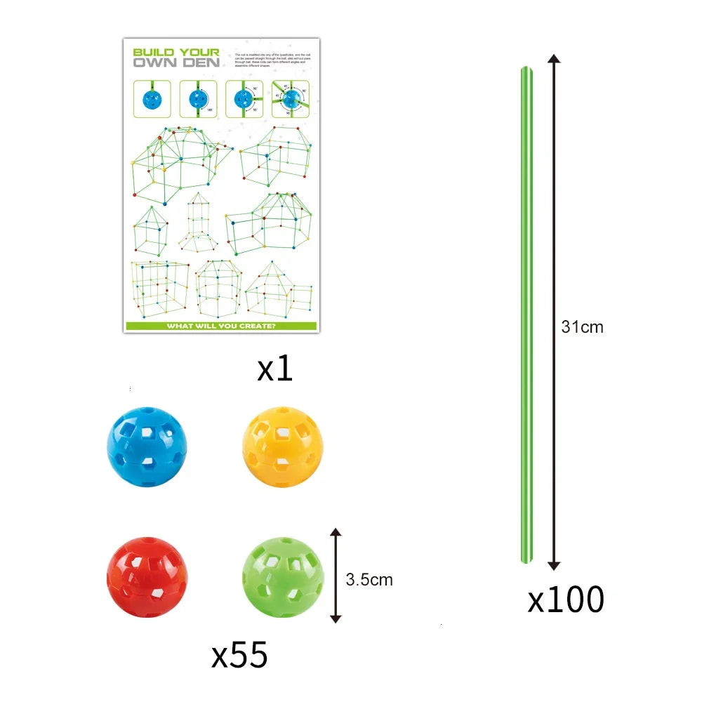 Children's DIY bead tent fort building kit with plastic balls and tubes for creative play and imagination development