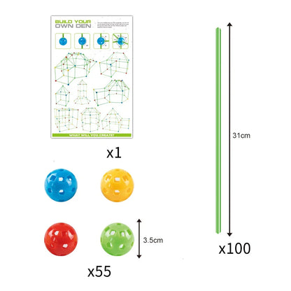 Children's DIY bead tent fort building kit with plastic balls and tubes for creative play and imagination development