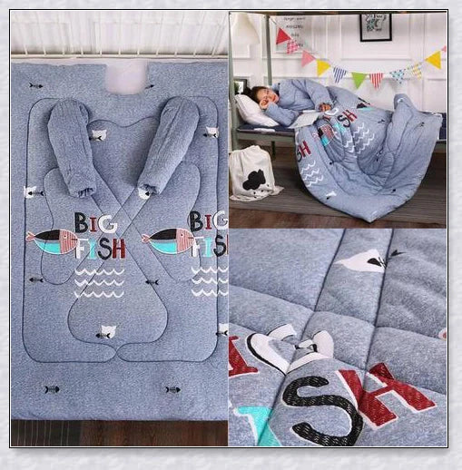 A cosy, wearable quilt with sleeves in a variety of colourful designs, perfect for staying warm and comfortable during the winter months.