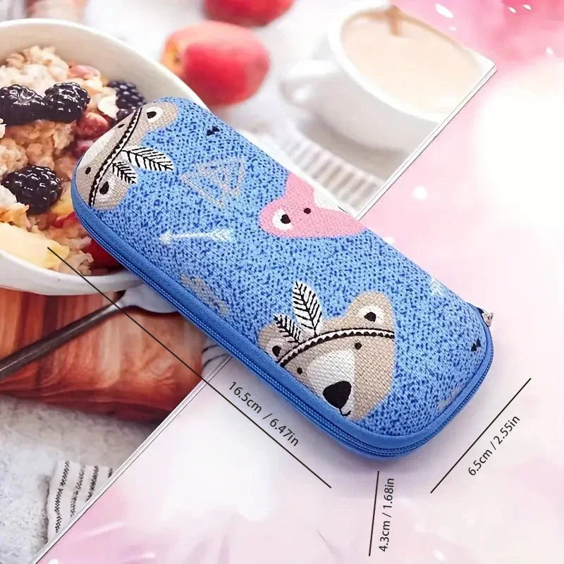 Cartoon-themed zippered eyeglass case in pink colour, featuring a playful and protective design for children's eyewear