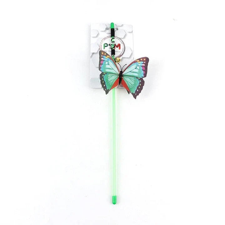 Butterfly-shaped cat toy with vibrant red colour and long rope for engaging feline playtime