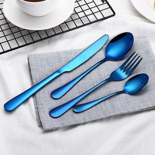 Premium eco-friendly stainless steel tableware set including knife, fork, spoon, and tea spoon in a sophisticated frosted finish