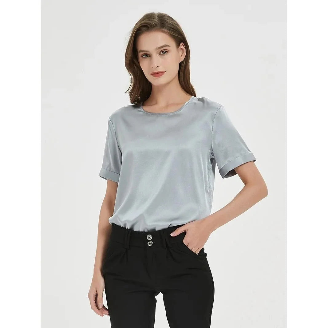Elegant navy silk t-shirt with a classic, versatile design for the modern British woman's summer wardrobe