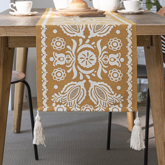 A beautifully crafted jacquard-woven table runner with a geometric pattern in contrasting colours, perfect for elevating your home decor