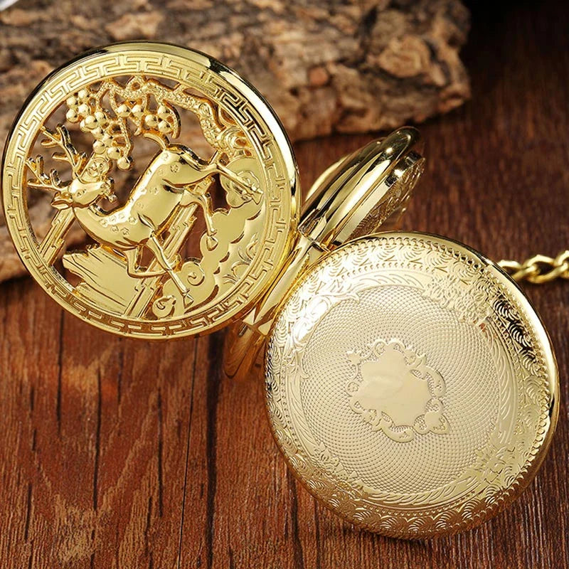 Exquisite gold-toned vintage-style pocket watch necklace with a mechanical movement and sturdy chain