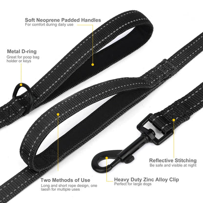 Premium 5ft Dual-Handle Reflective Nylon Dog Leash with durable nylon construction, padded handles, and reflective stitching for enhanced visibility