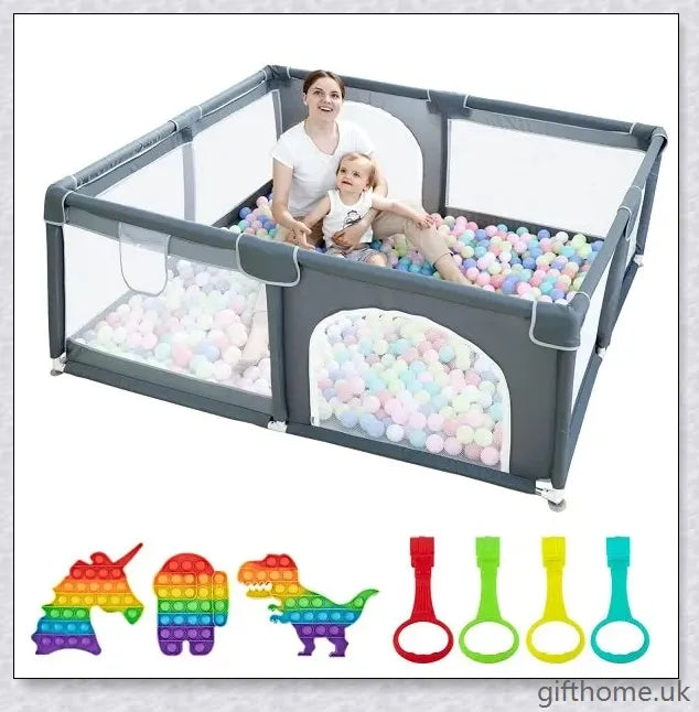 A large, breathable playpen with mesh sides for indoor and outdoor use, providing a safe and comfortable space for babies to play.
