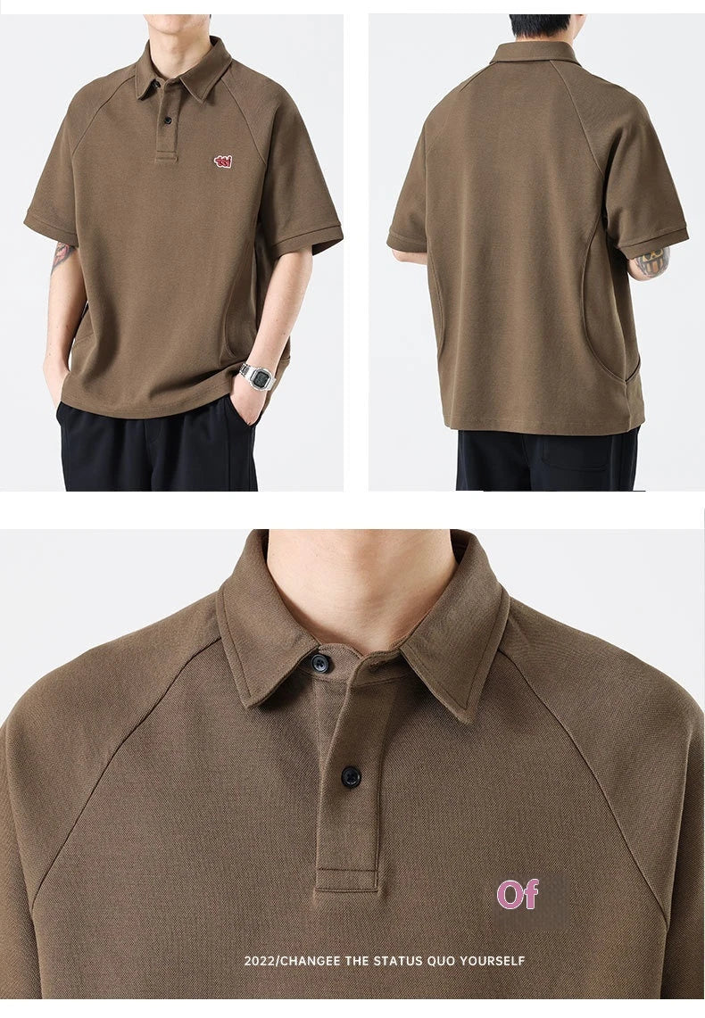 Retro Short Sleeve Men's T-shirt with Embroidered Design in Dark Brown, White, and Grey Colours